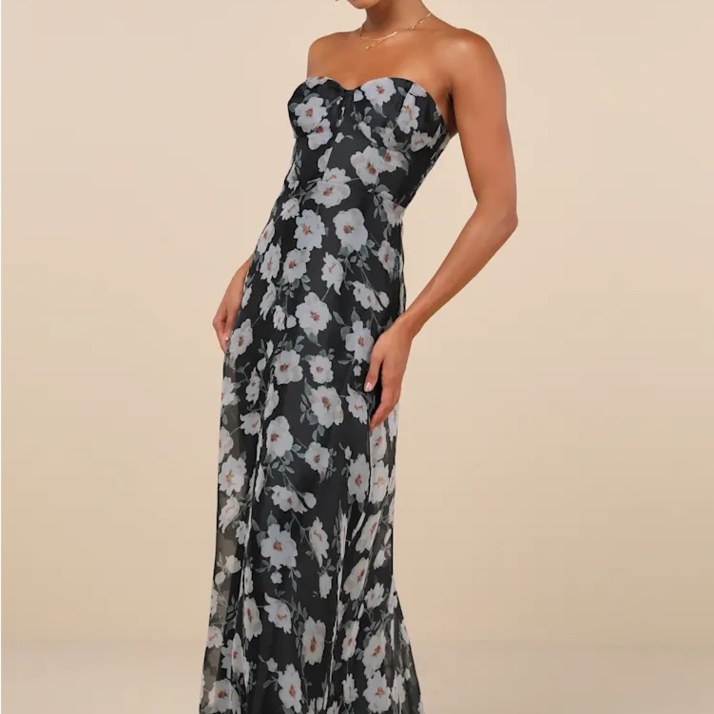Lulu's Chic Preciousness Black Floral Organza Bustier Maxi Dress